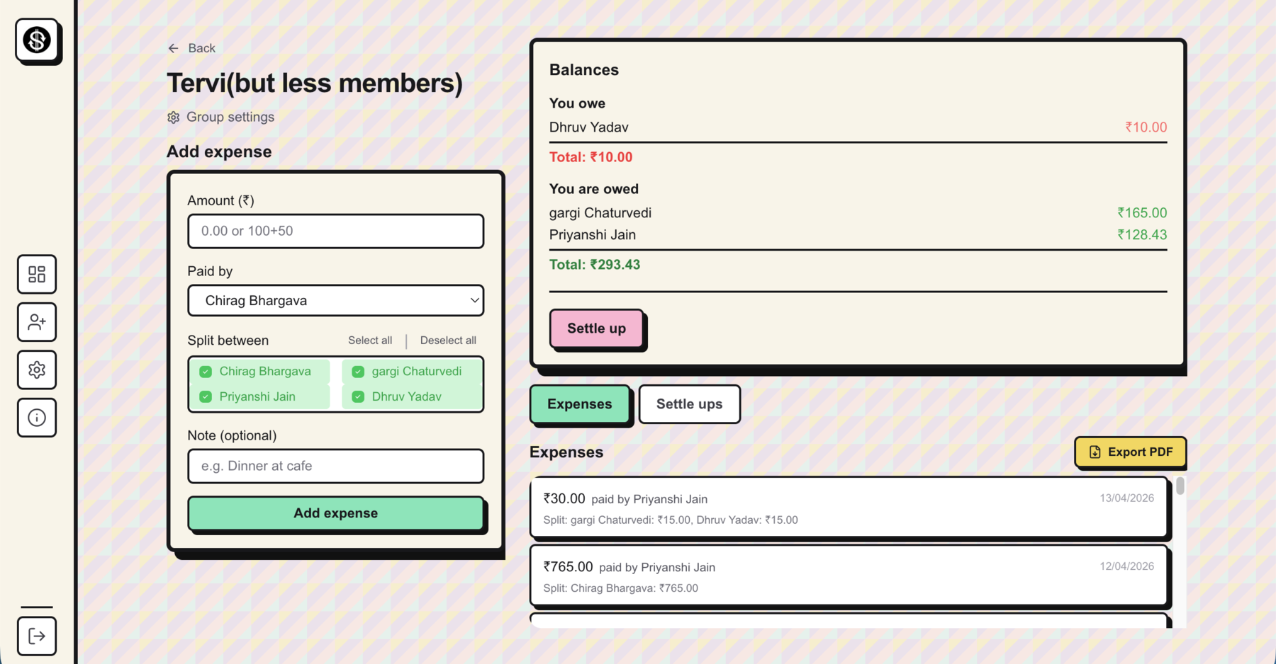 Group expense view — track balances, add expenses and export PDFs