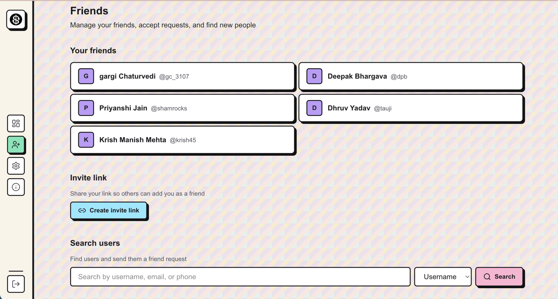 Friends page — manage friends, invite via link, search users